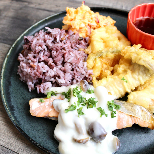 Salmon Meunière with King Oyster Mushroom & Vegetable Tempura